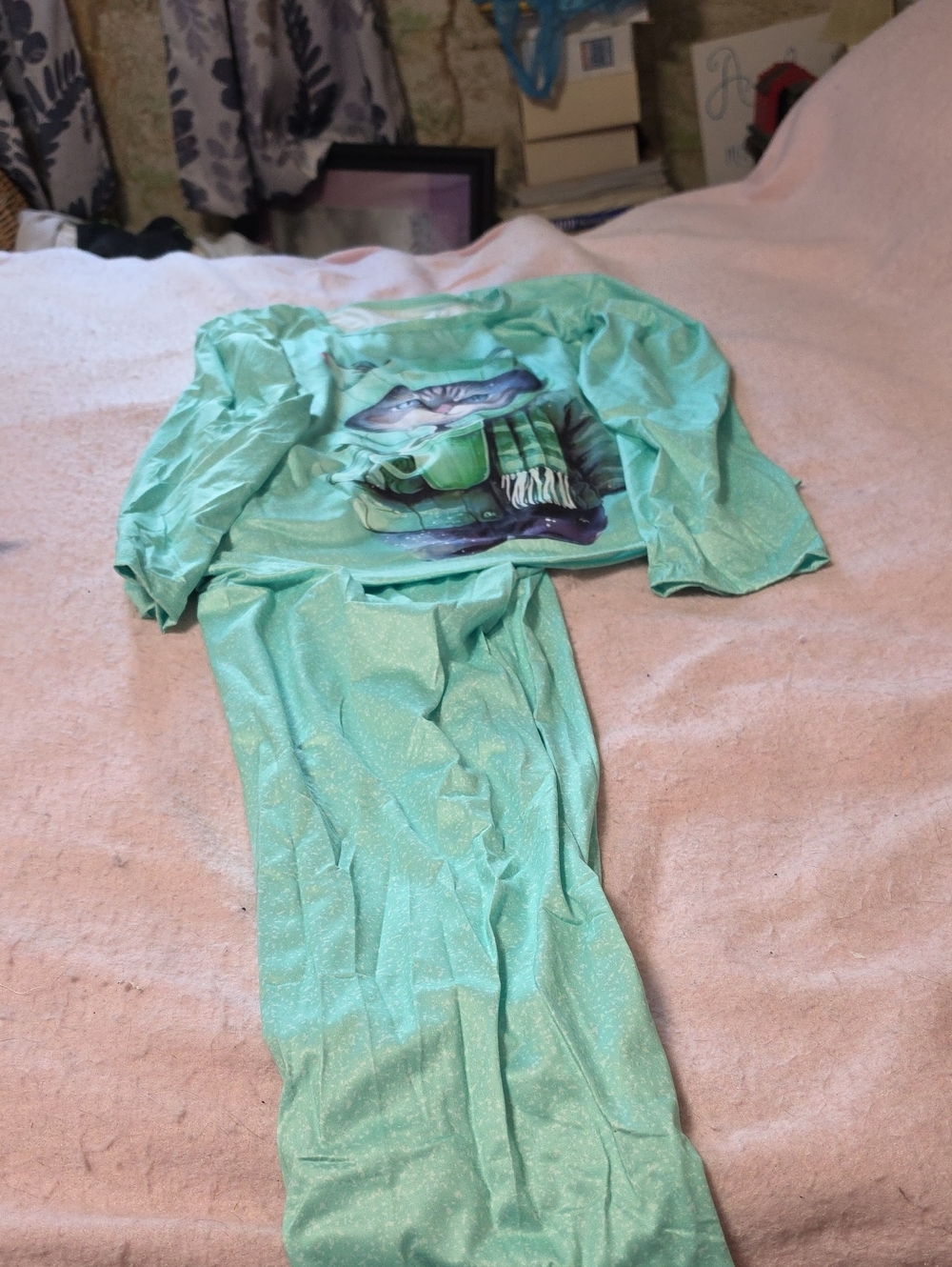 Mint Green Two-Piece Lounge Set with Graphic Cat